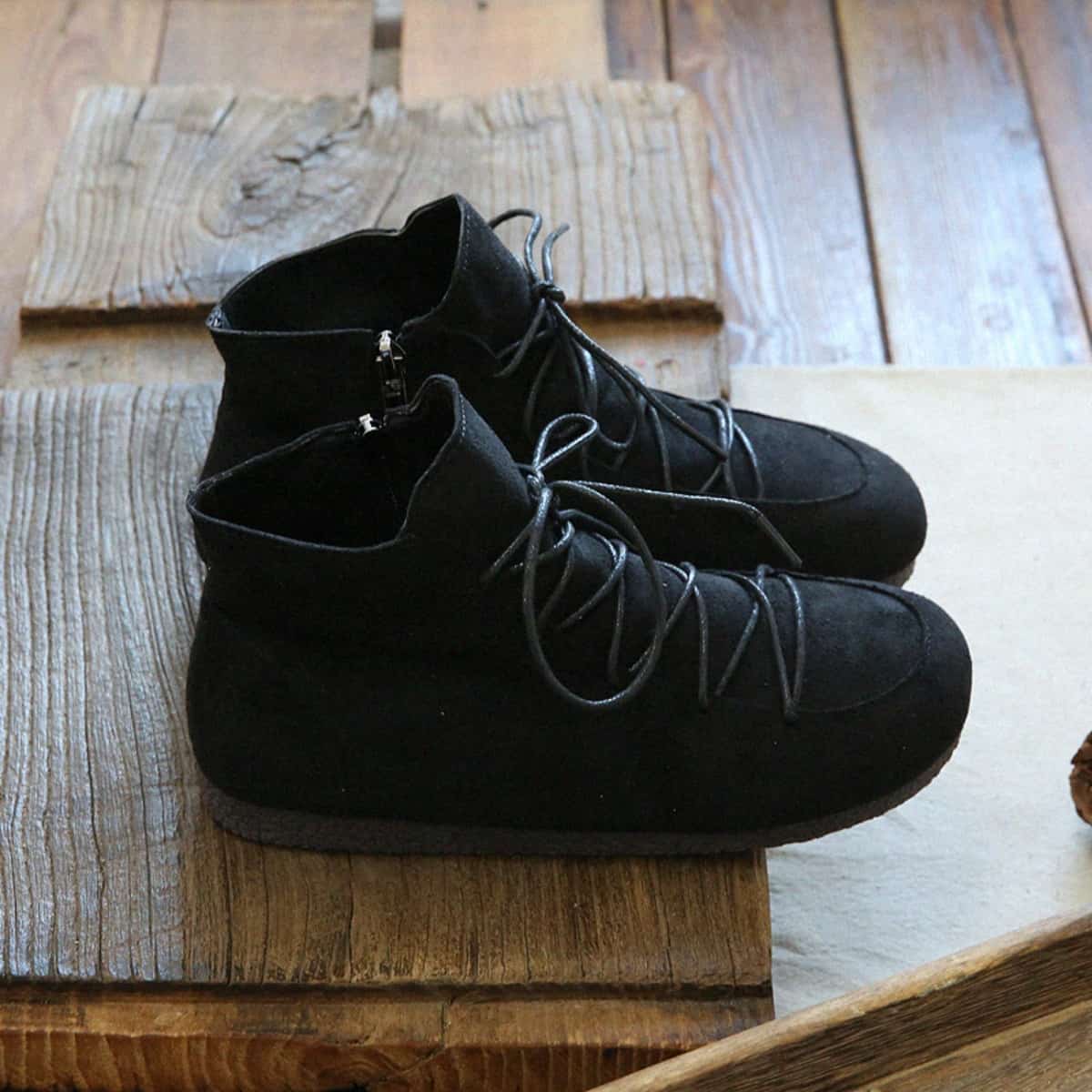 Suede round head strap flat bottom women's boots comfortable soft sole short boots side zipper bare boots women