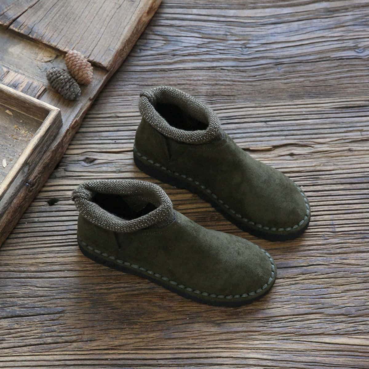 Wool mouth round head flat bottom women's boots autumn and winter new handmade comfortable soft sole short boots women