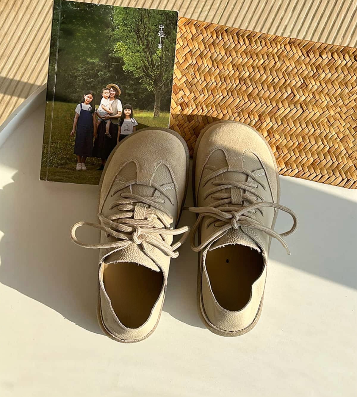 Leather round head lace-up German training shoes spring comfortable soft-soled white shoes single shoes