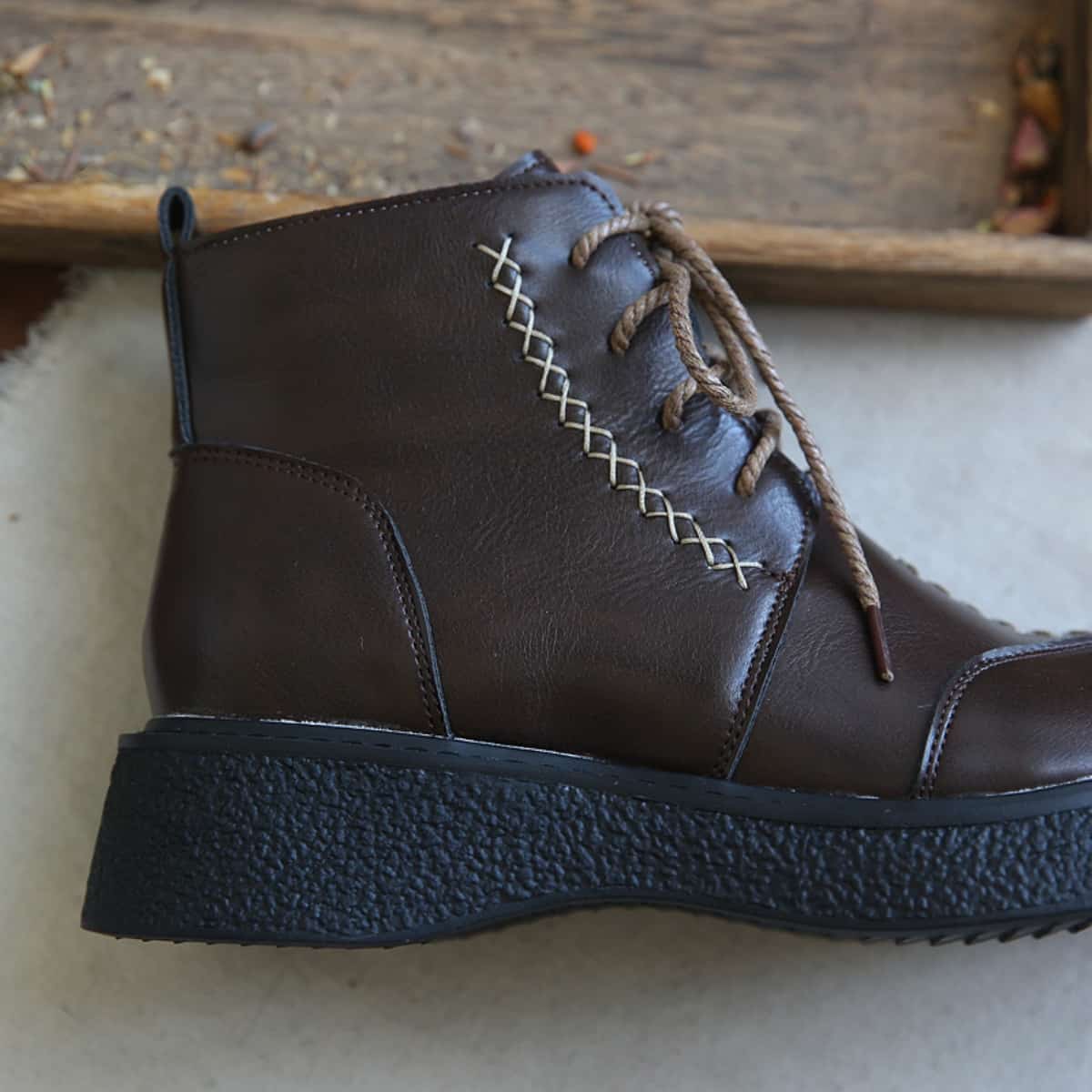 Round head lace-up thick-soled big-head shoes British style versatile heightening knight short Martin boots women