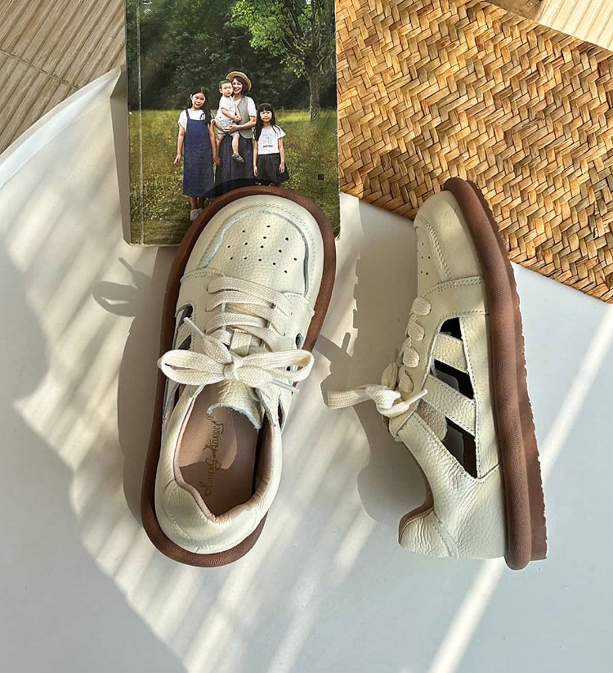 Leather handmade women's shoes summer breathable hollow hole white shoes soft sole cowhide sandals student shoes