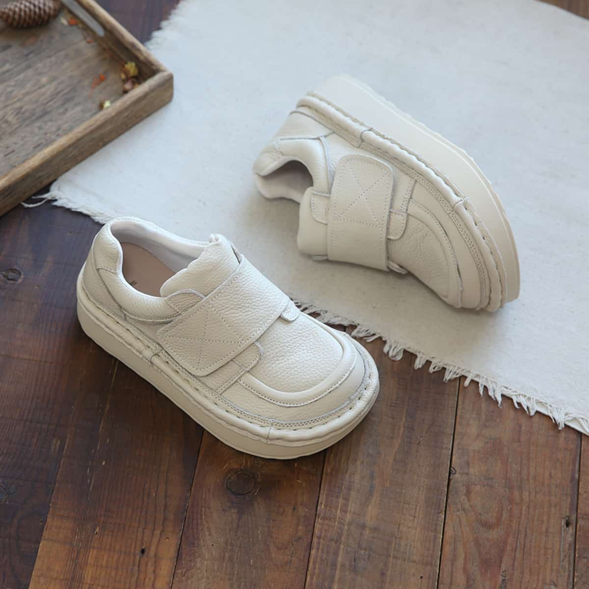 Leather round head platform big head shoes Velcro heightening shoes