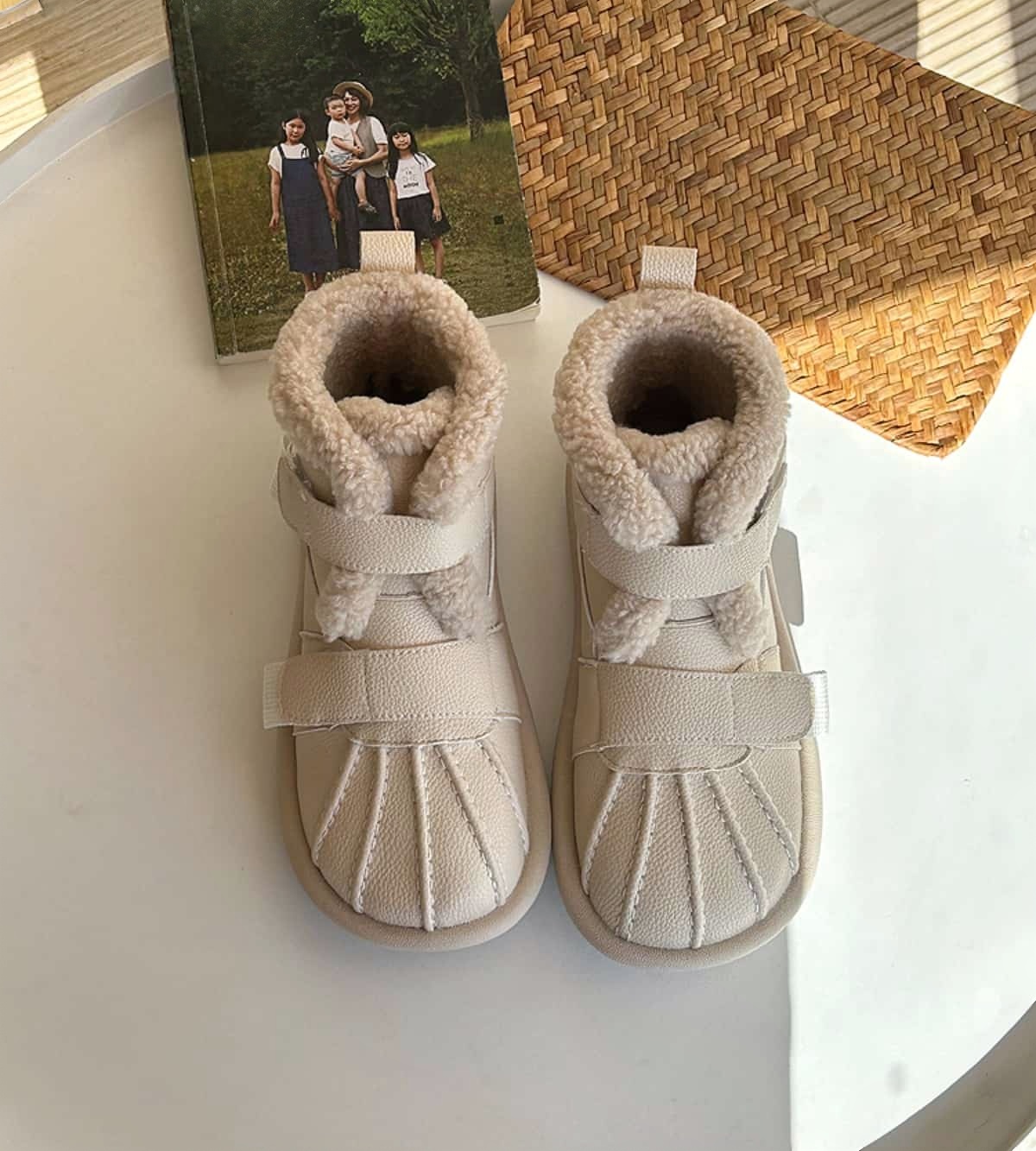 Imitation lamb wool round head flat-bottomed short boots winter beige cute soft-soled snow boots