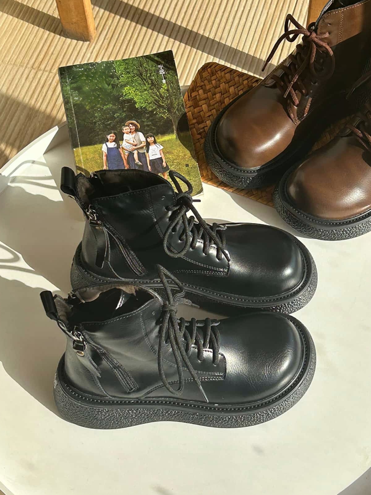 Round head lace-up thick-soled Martin boots winter velvet handsome black medium heel short boots