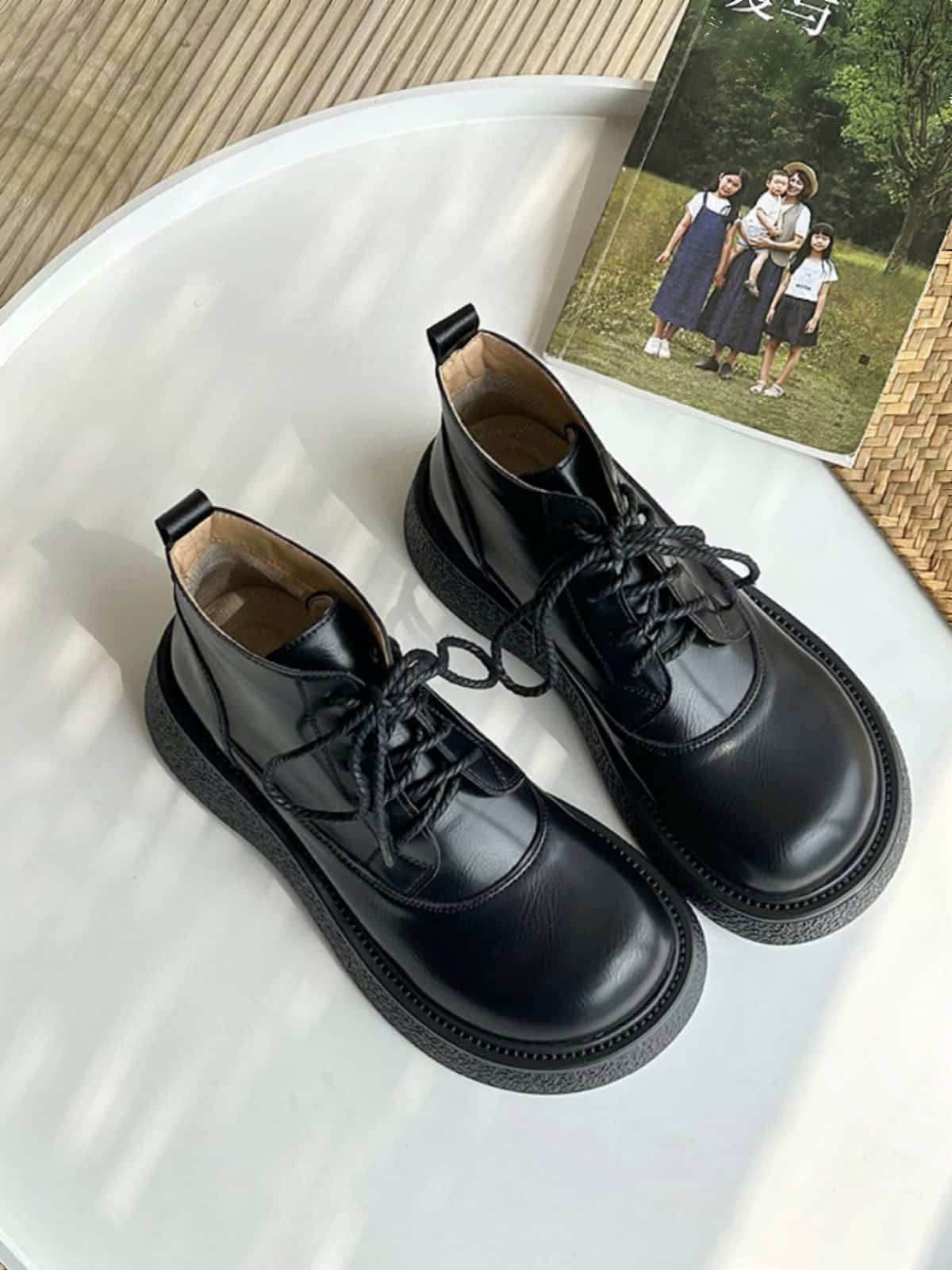 Round head lace-up platform big head shoes short boots autumn black Martin boots small leather shoes women