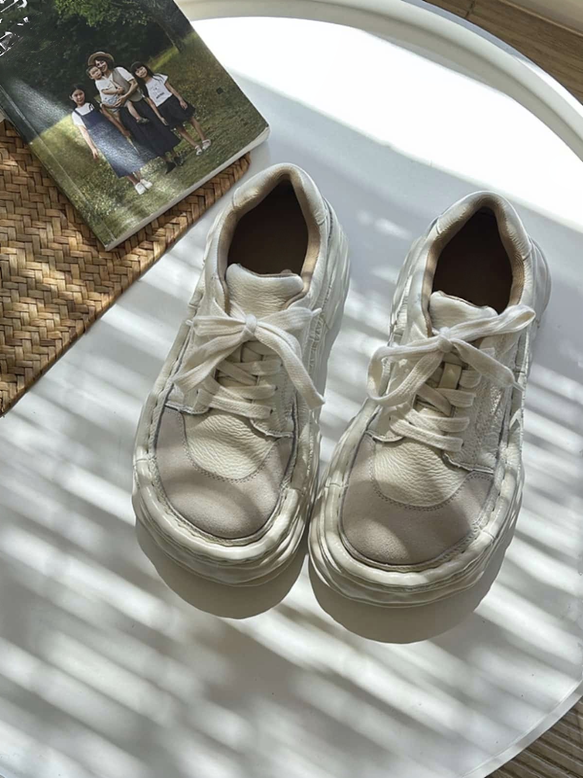 Leather round head lace-up thick-soled big-head shoes autumn muffin bottom little white shoes women