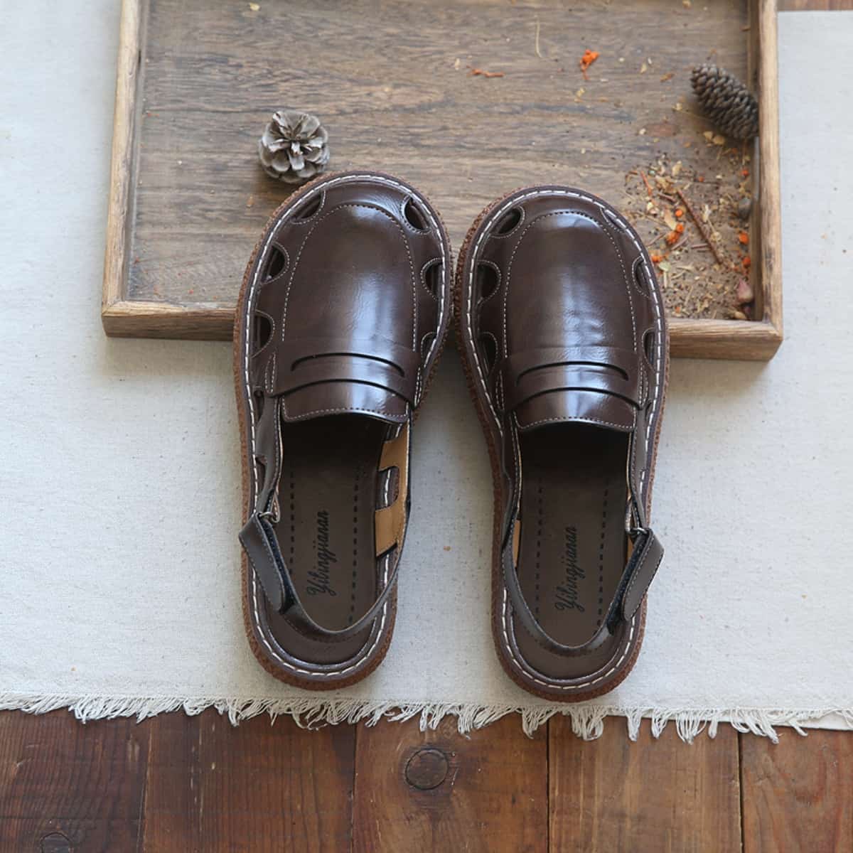 Hollow round head platform big head sandals summer Velcro beige mid-heel Roman shoes