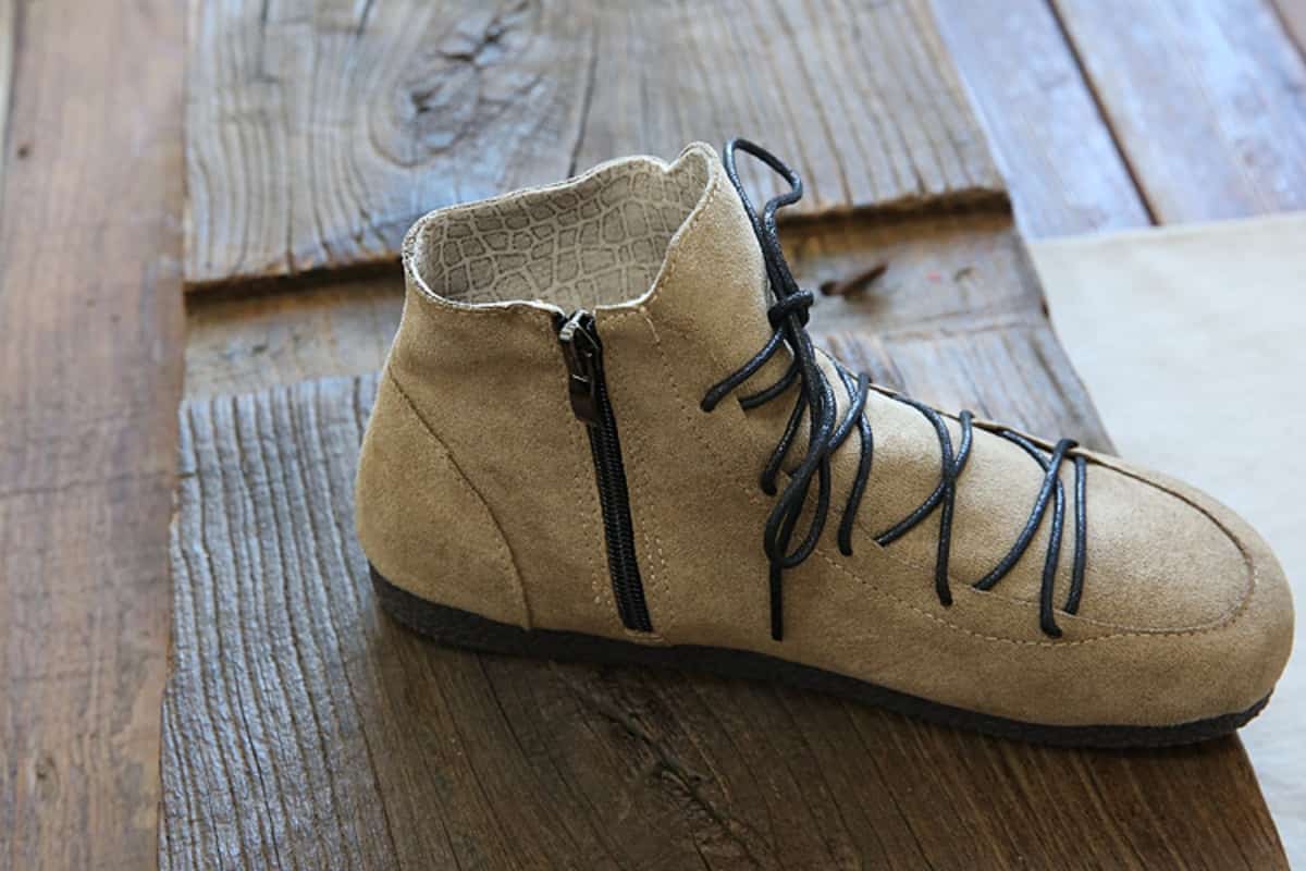 Suede round head strap flat bottom women's boots comfortable soft sole short boots side zipper bare boots women