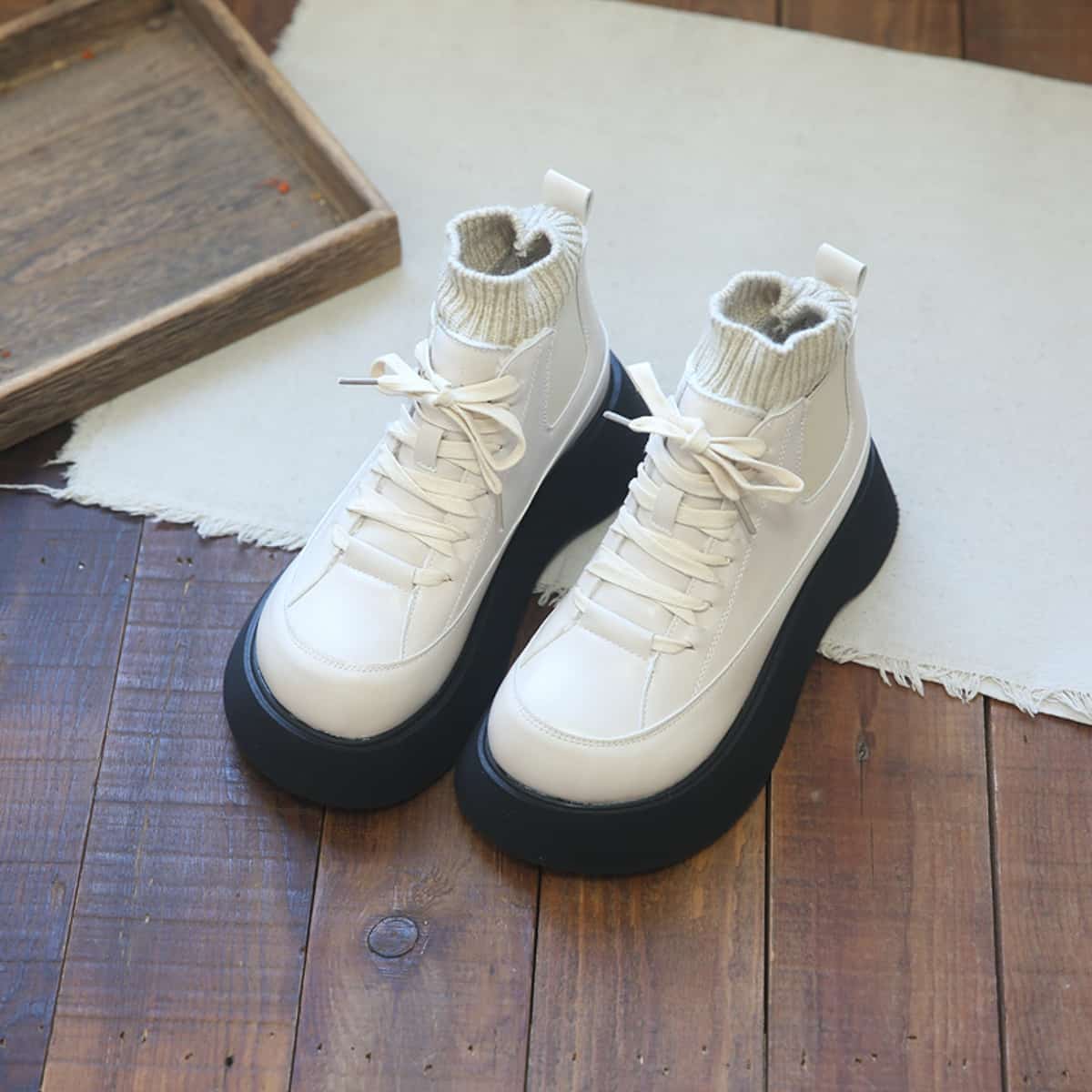 College style round head lace-up thick-soled big-head shoes winter wool mouth velvet black short boots children