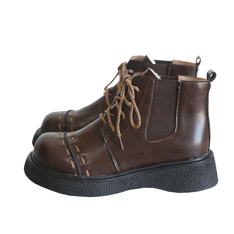 Glossy round head lace-up platform big head shoes black heightening locomotive boots Martin boots women's autumn