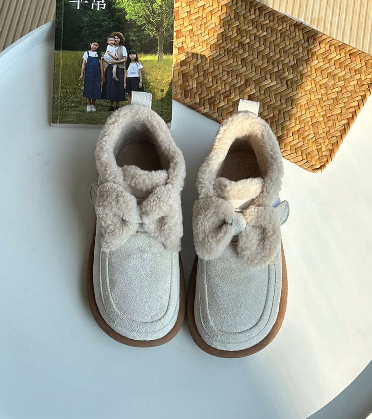 Imitation lamb wool round head flat-bottomed short boots winter cute bow soft cute snow boots