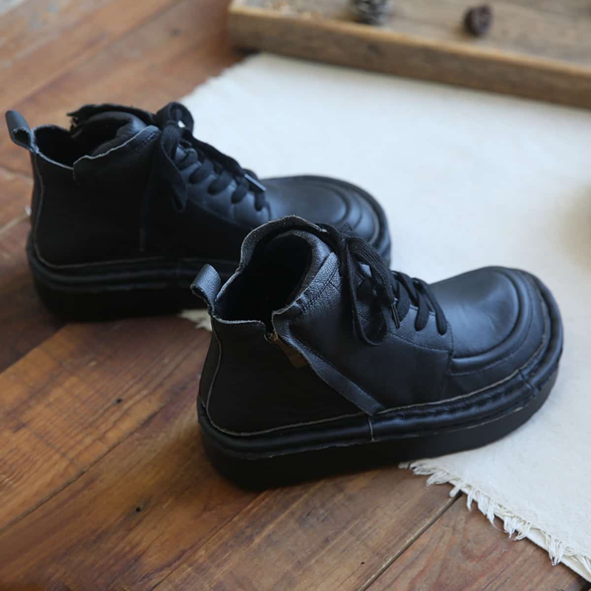 Leather round head lace-up platform big head shoes comfortable short boots women's autumn