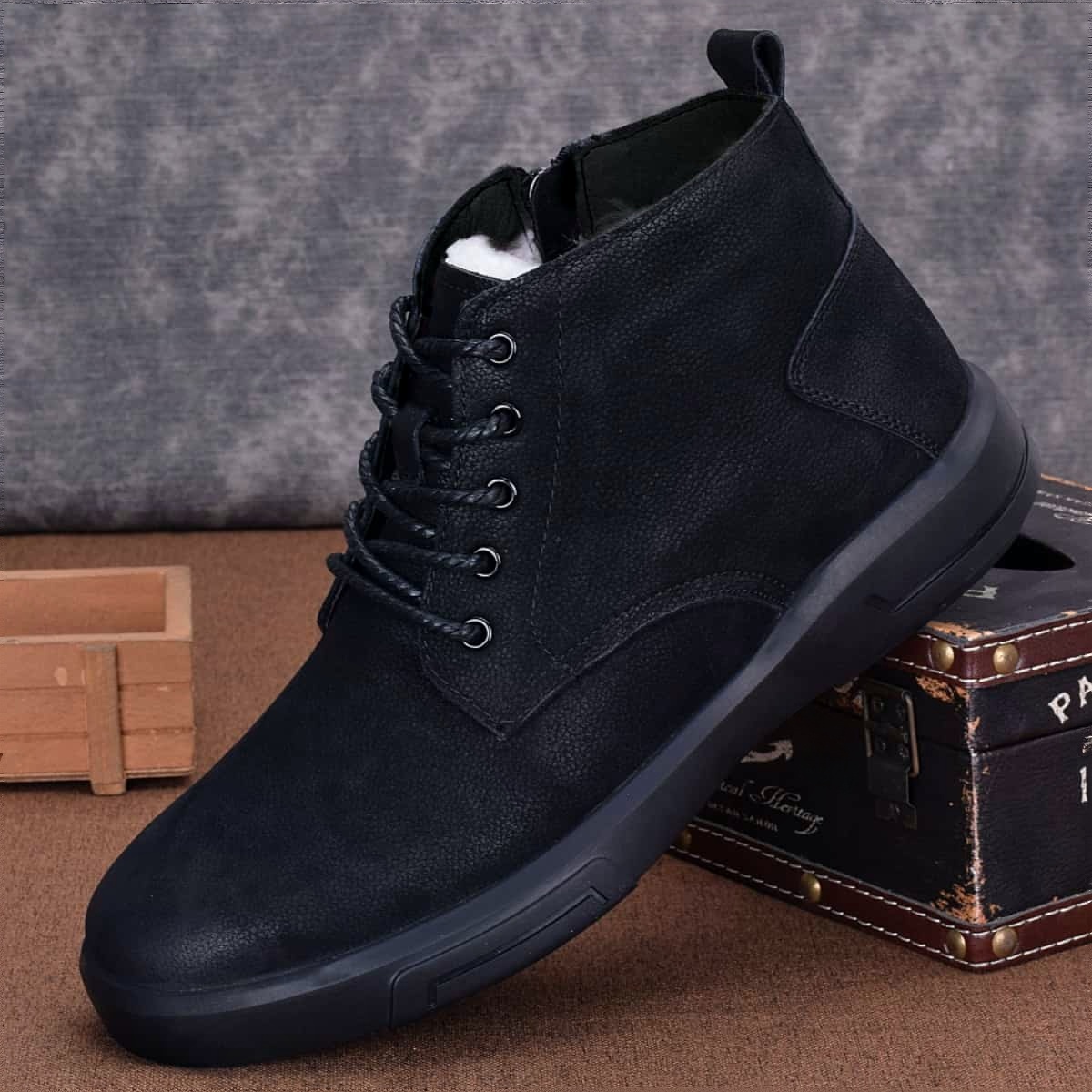 Fleece thermal cotton boots pure wool leather shoes men's cotton shoes genuine leather Martin boots high-top men's shoes