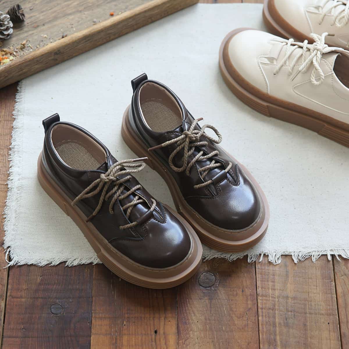 Glossy round head lace-up big head shoes autumn thick-soled versatile small leather shoes single shoes women