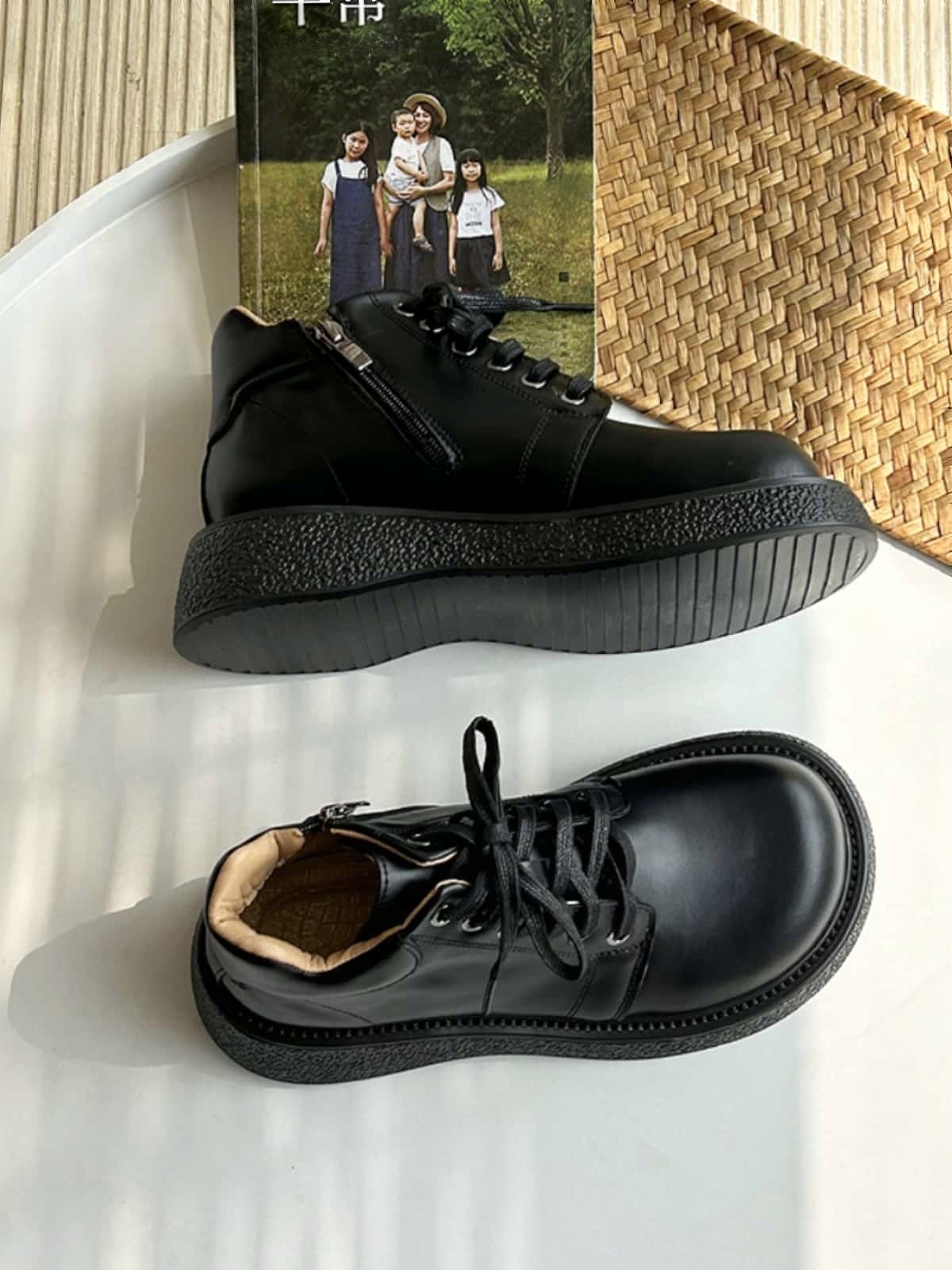 Round head lace-up thick-soled big head Martin boots side zipper versatile medium heel short boots women