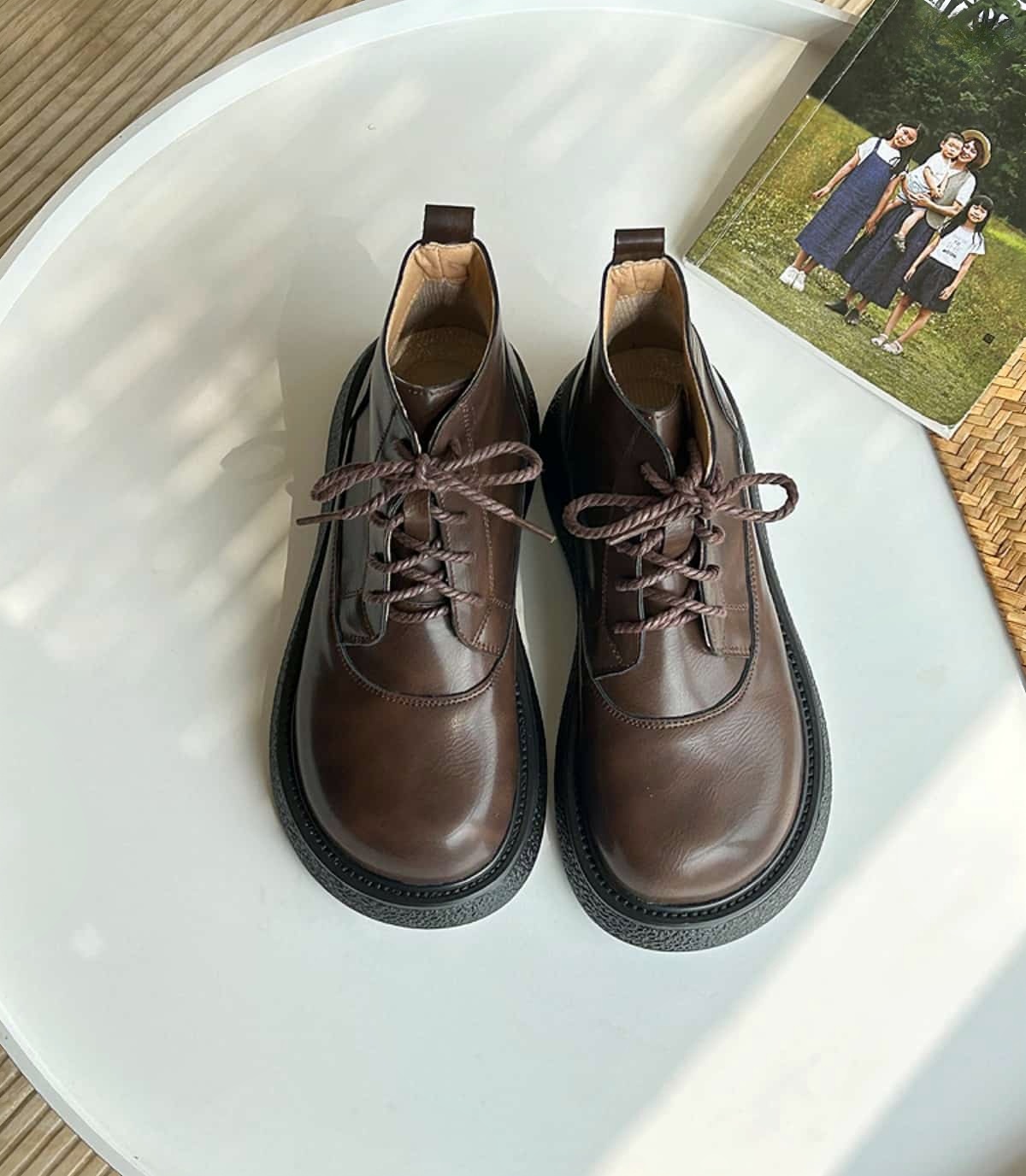 Round head lace-up platform big head shoes short boots autumn black Martin boots small leather shoes women