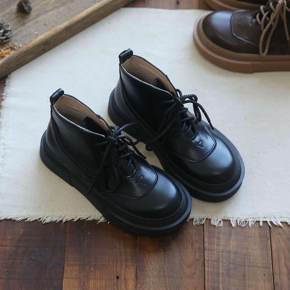 Glossy round head lace-up platform big head shoes short boots Martin boots women