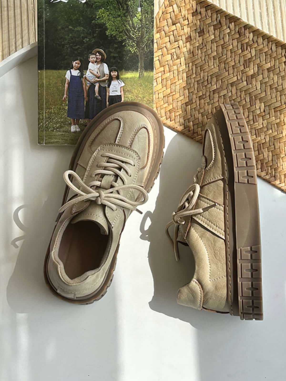 Round head lace-up thick-soled big head shoes low-top versatile small leather shoes single shoes women