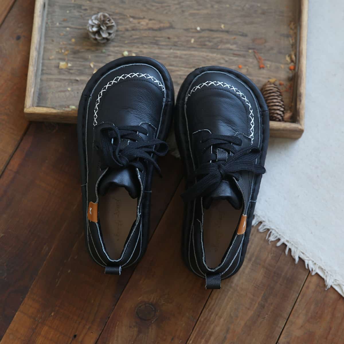 Leather round head lace-up platform big head shoes cute shoes handmade comfortable single shoes