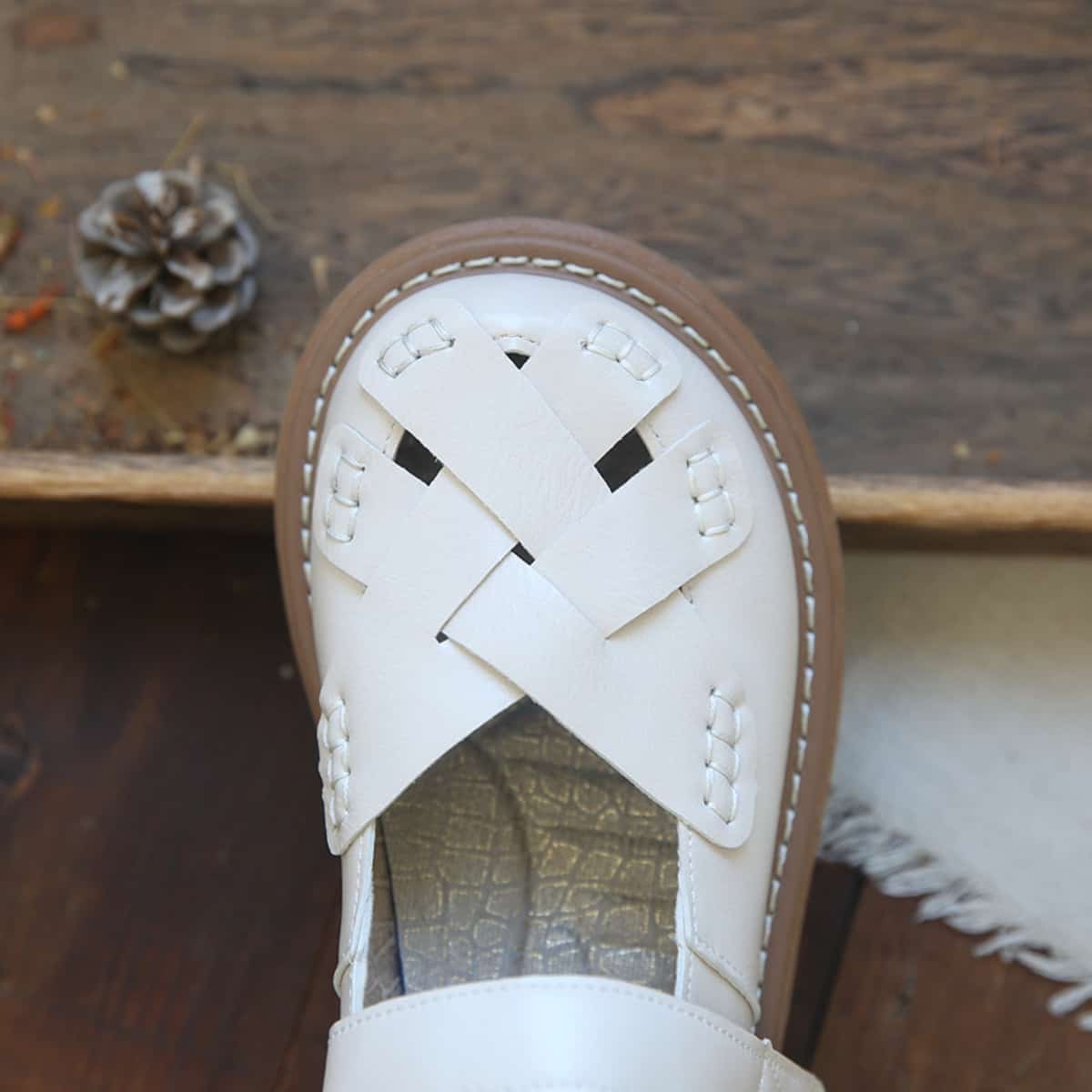 Hollow woven round head light mouth small leather shoes summer word with thick sole comfortable beige sandals