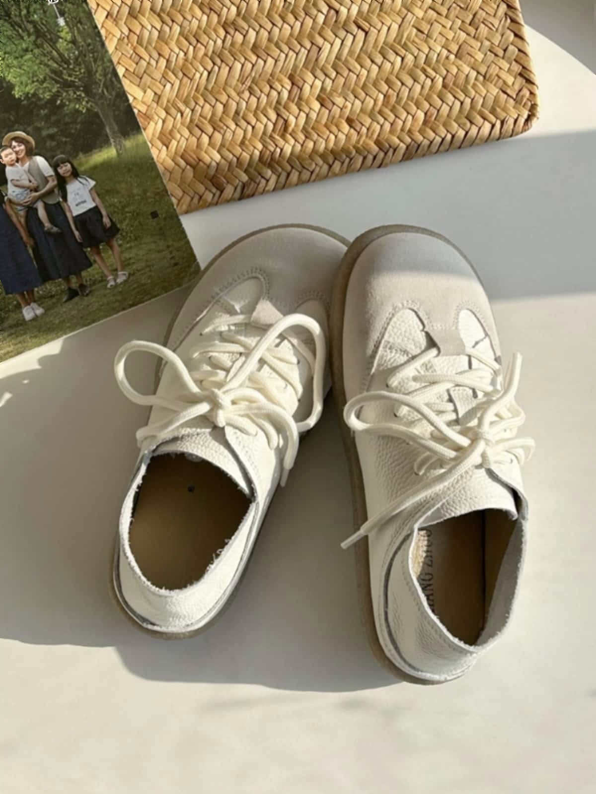 Leather round head lace-up German training shoes spring comfortable soft-soled white shoes single shoes