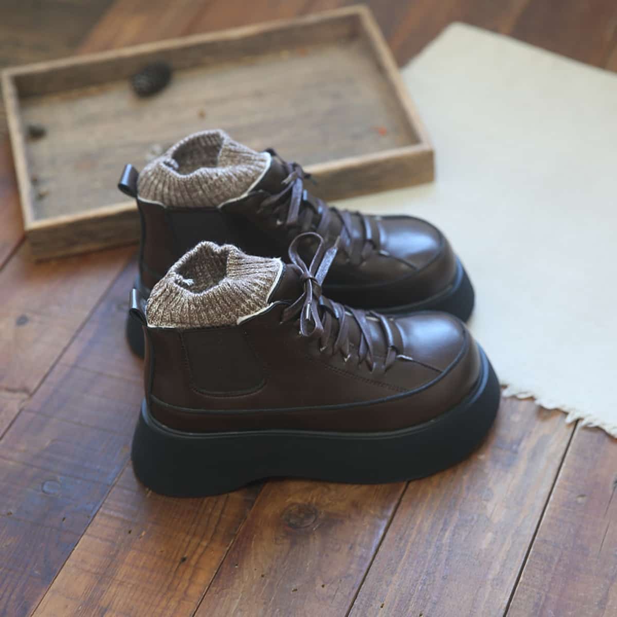 College style round head lace-up thick-soled big-head shoes winter wool mouth velvet black short boots children