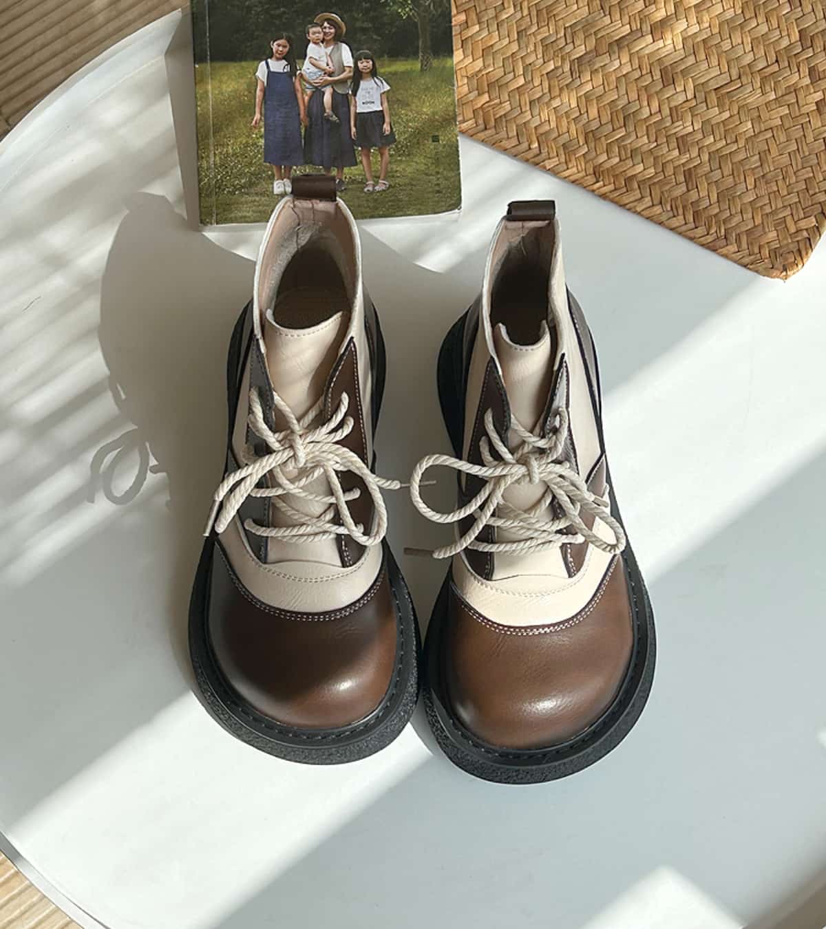 Round head lace-up platform big head shoes autumn and winter velvet medium heel short Martin boots