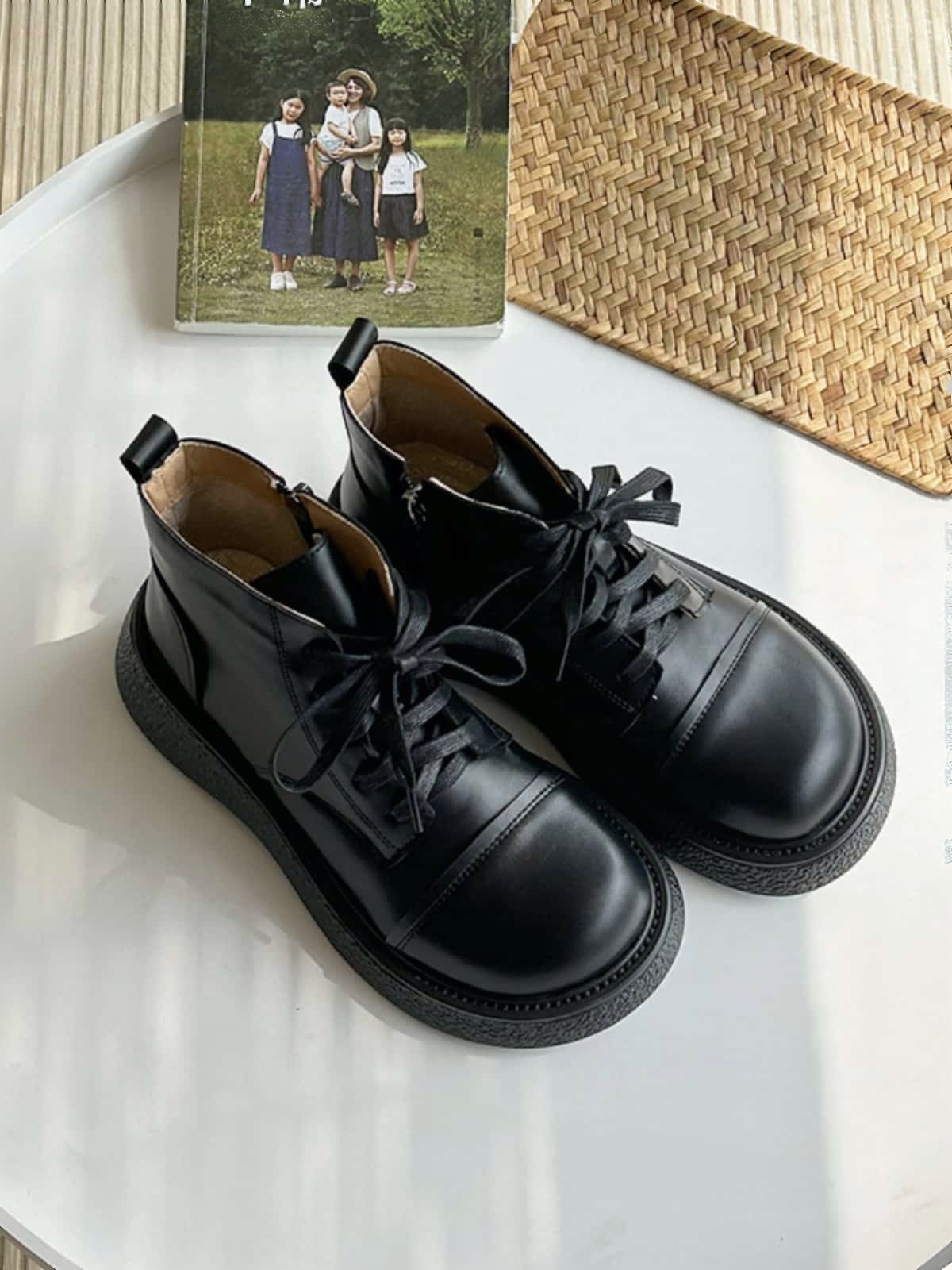 Round head lace-up thick-soled Martin boots autumn side zipper black versatile locomotive boots short boots women