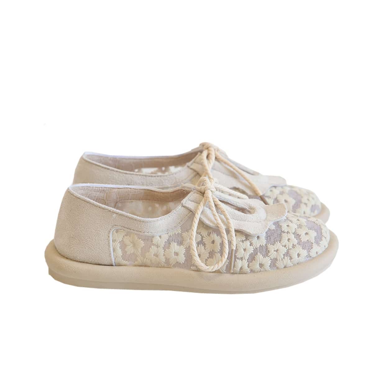 Mesh daisy round head shallow mouth flats summer sweet ruffle edge lace up comfortable single shoes