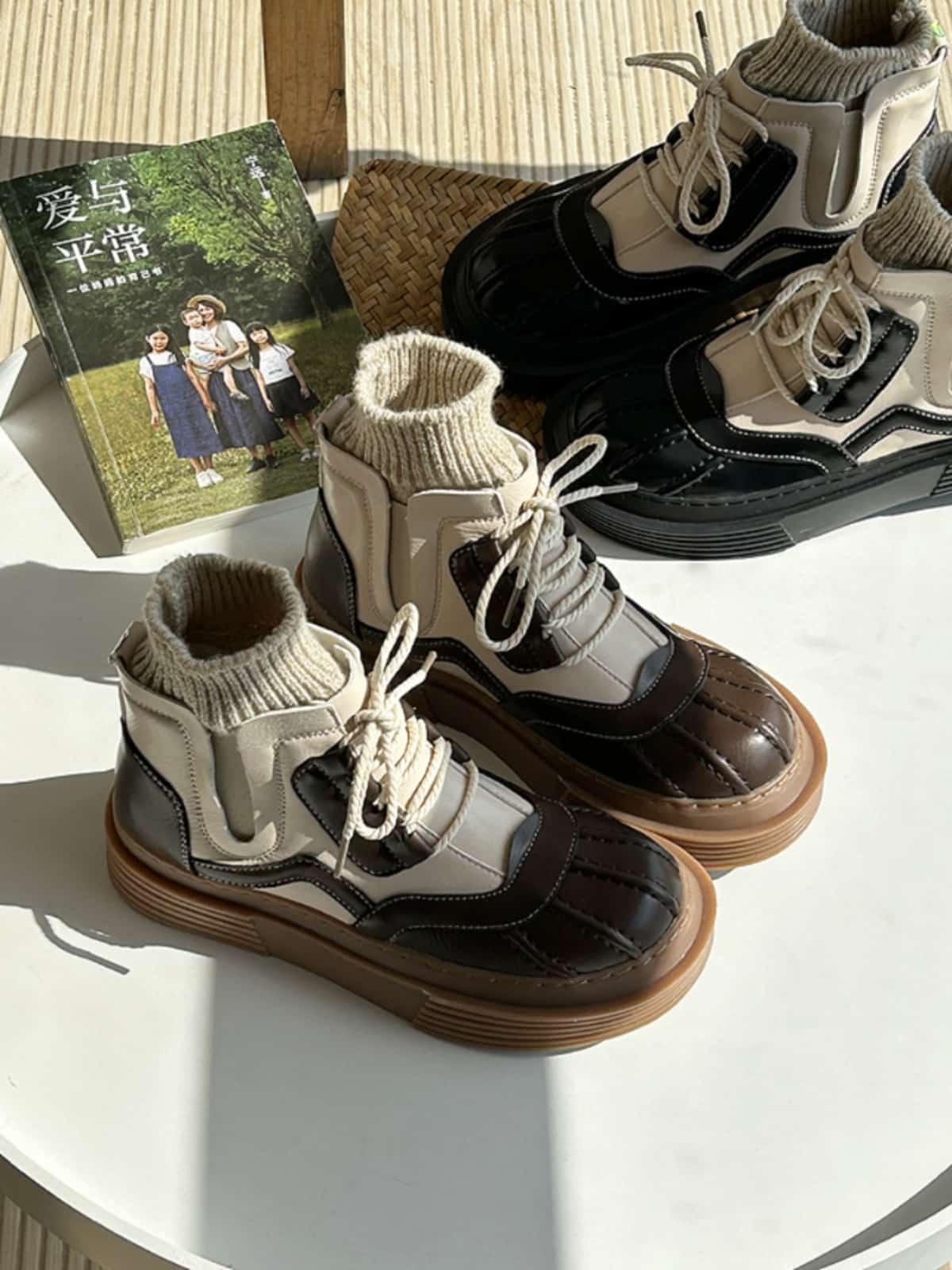 Wool mouth round head lace-up platform short boots winter velvet medium heel Martin boots