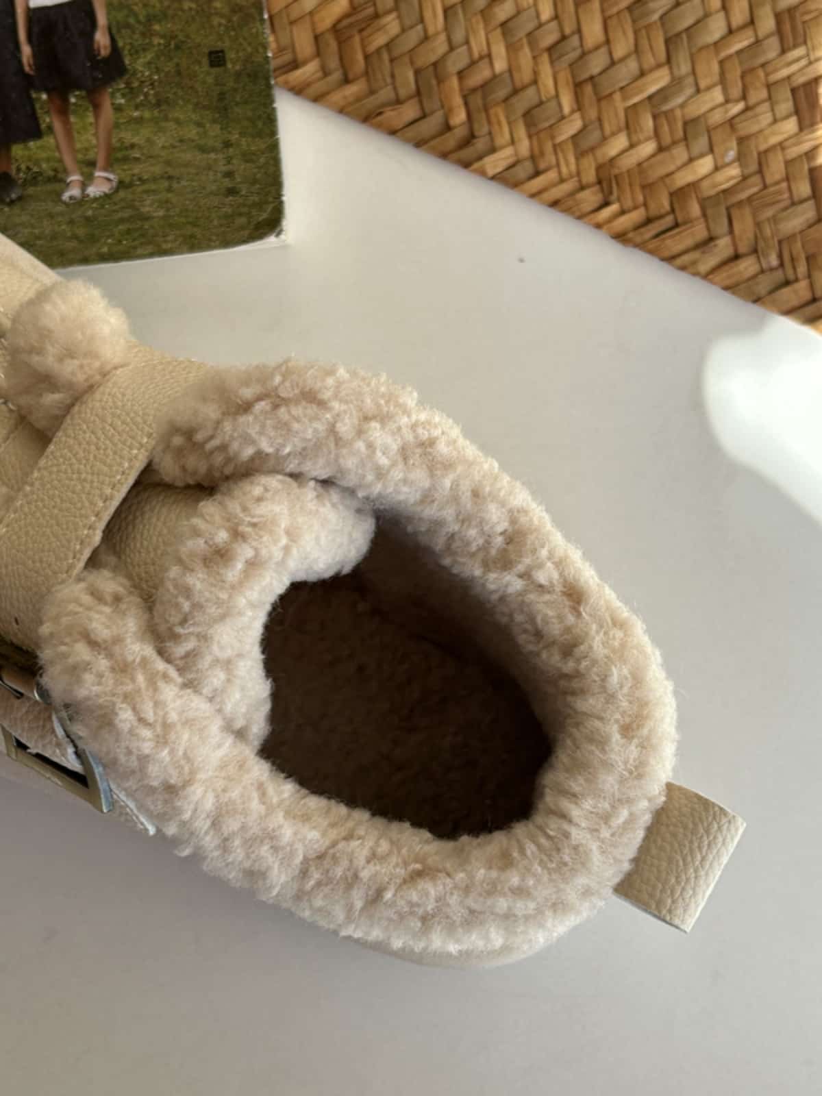 Imitation lamb wool round head flat-bottomed short boots winter cute belt buckle beige snow boots
