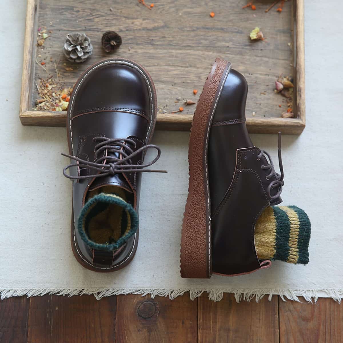 Leather round head lace-up platform big head shoes small leather shoes single shoes women's autumn