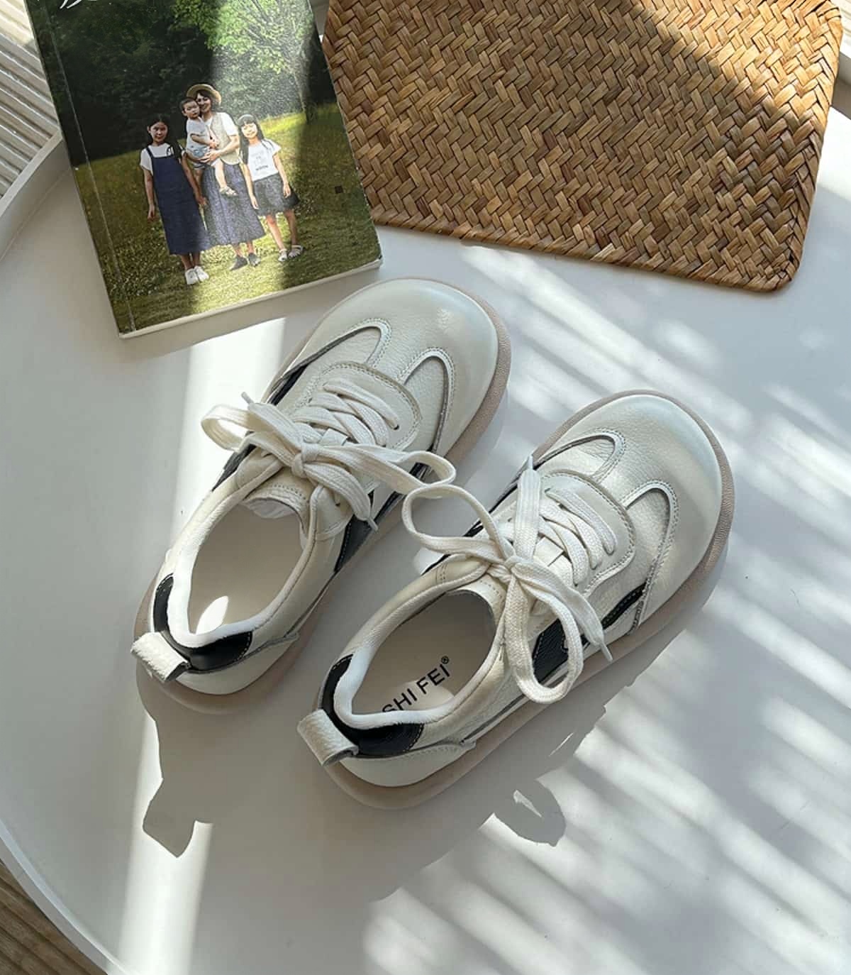 Leather round head strappy flat shoes comfortable soft sole color matching shoes little white shoes autumn