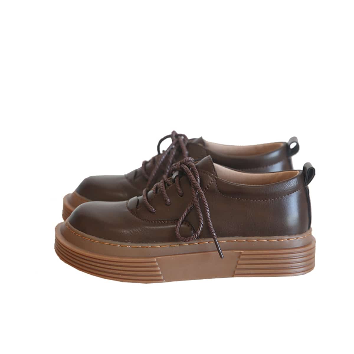 Glossy round head lace-up thick-soled big head shoes deep mouth versatile small leather shoes single shoes