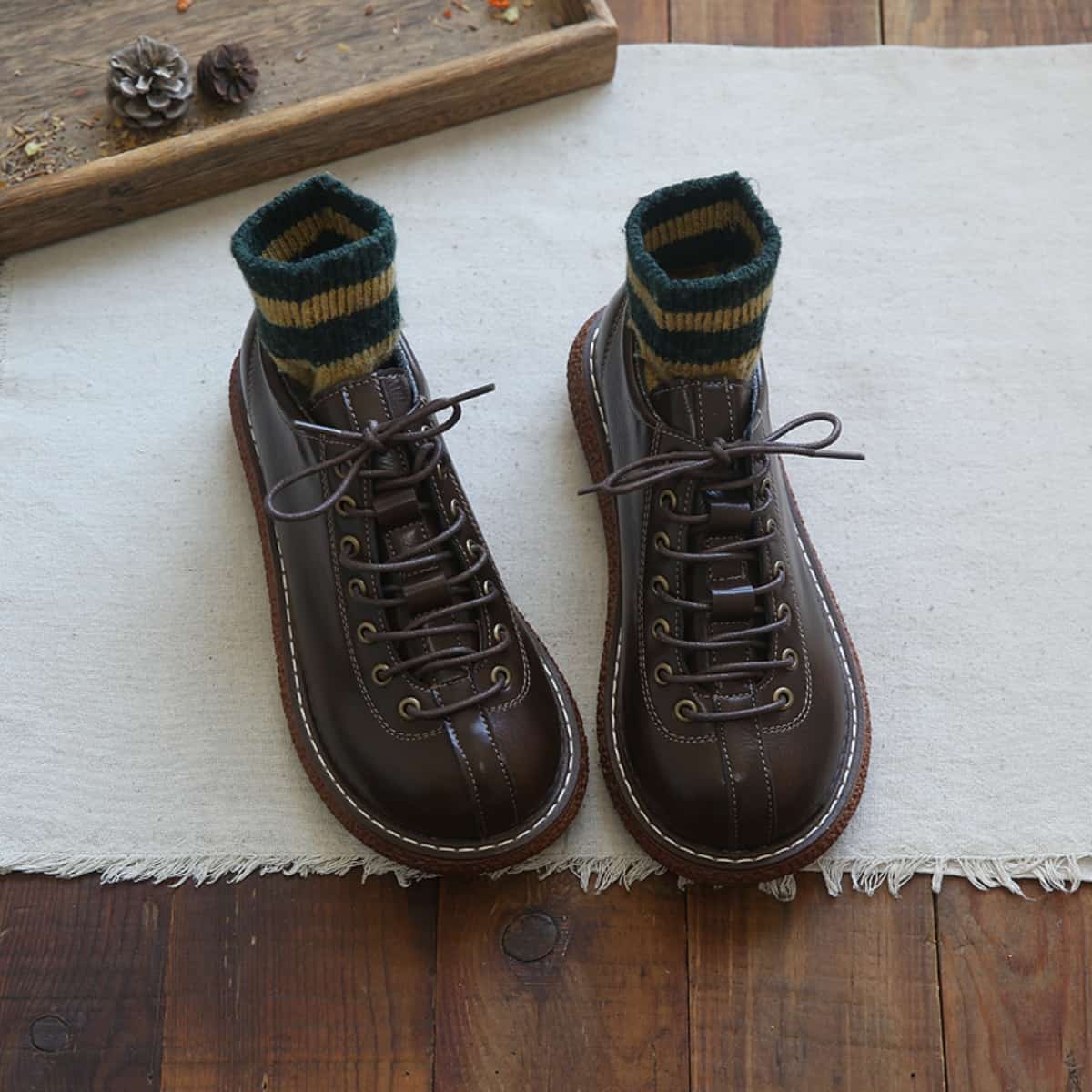 Round head lace-up thick-soled big head shoes, new early autumn versatile leather shoes, single shoes for women