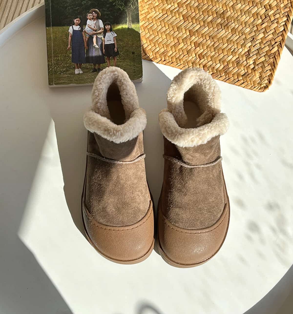 Imitation lamb wool round head flat-bottomed short boots, cute winter warm snow boots