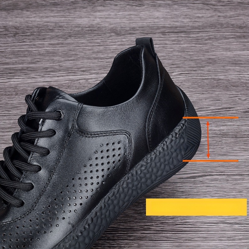 Summer leather breathable hollow first layer cowhide men's sports shoes thick sole lightweight casual running shoes