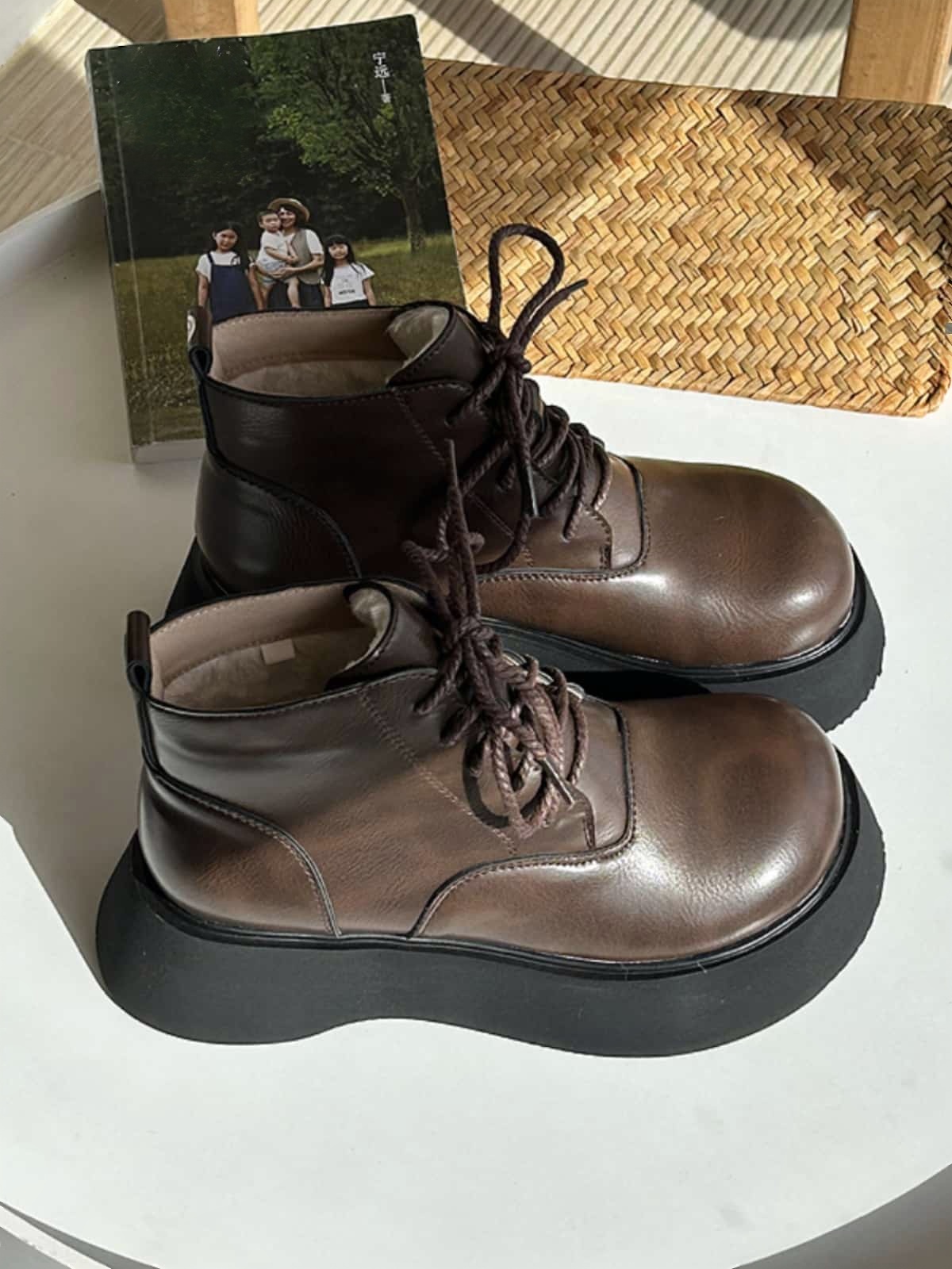 Round head lace-up thick-soled Martin boots winter velvet fashion heightening small leather shoes short boots