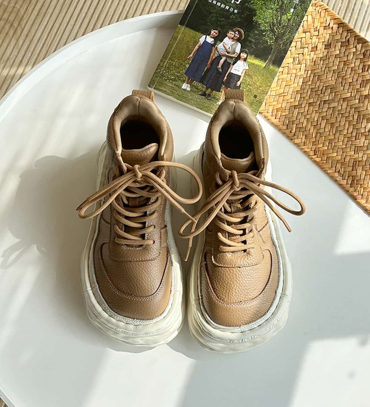 Leather round head lace-up thick-soled big-head shoes autumn heightening short boots