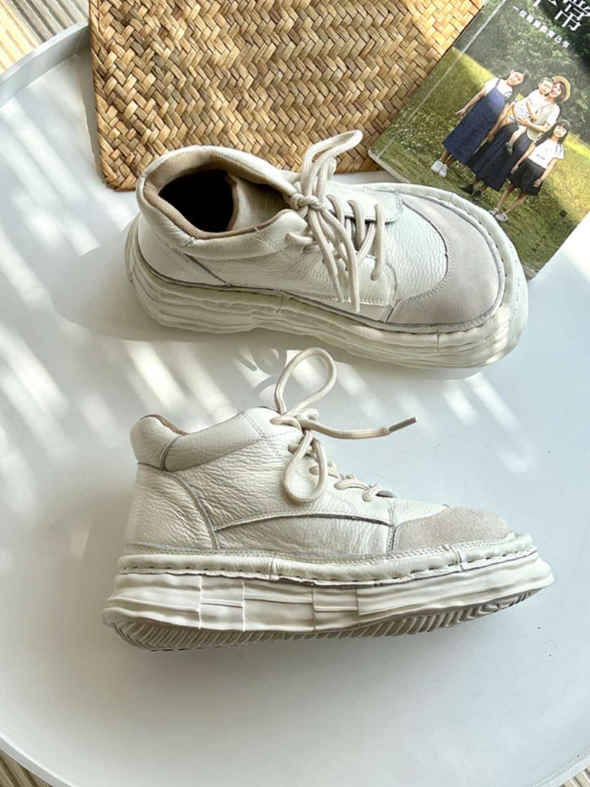 Leather round head lace-up platform big head shoes high top shoes short boots women