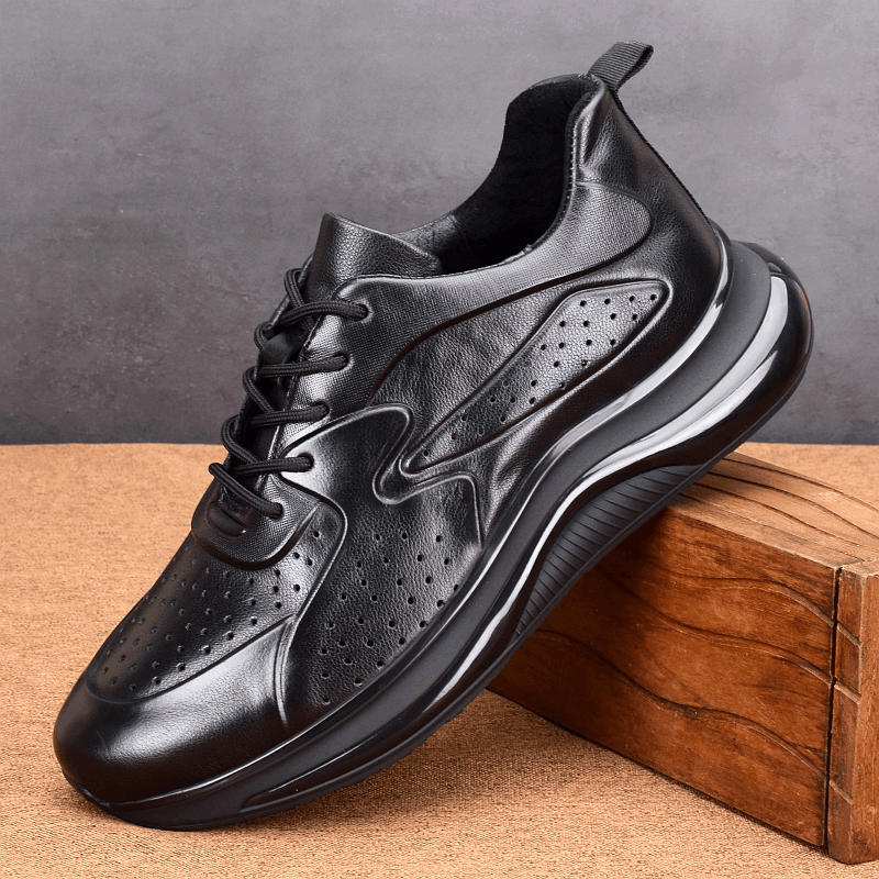 Summer hollow breathable leather first layer cowhide sports shoes men's thick-soled ultra-light shock-absorbing running shoes