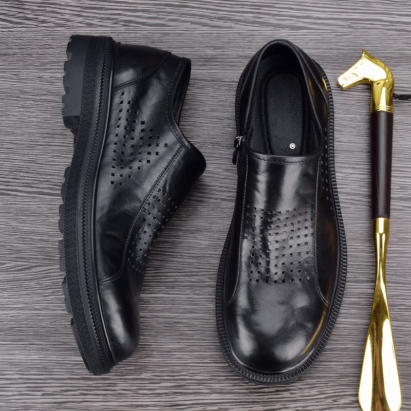 Breathable summer hollow men's casual leather shoes leather platform zipper youth versatile business shoes