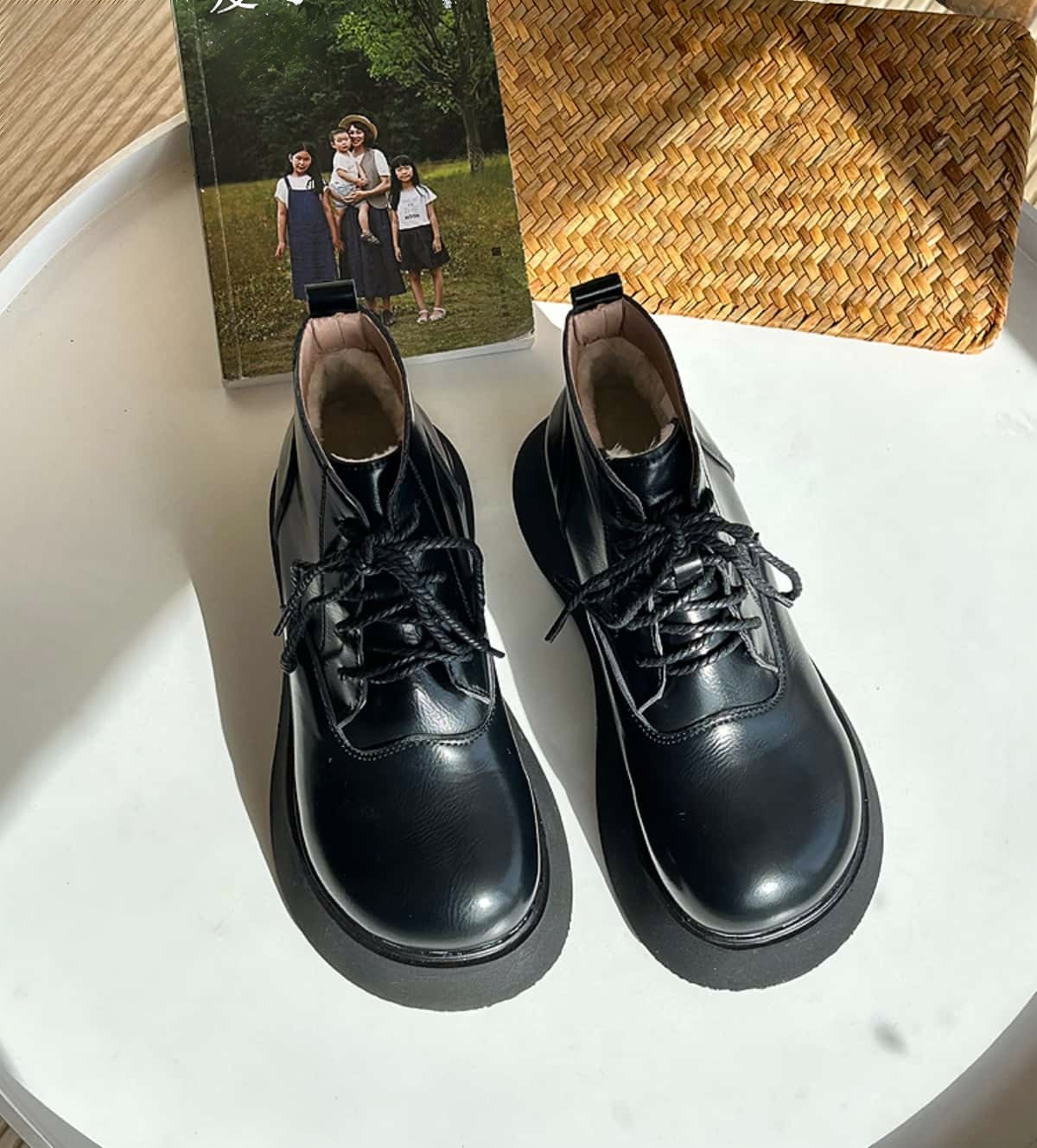 Round head lace-up thick-soled Martin boots winter velvet fashion heightening small leather shoes short boots