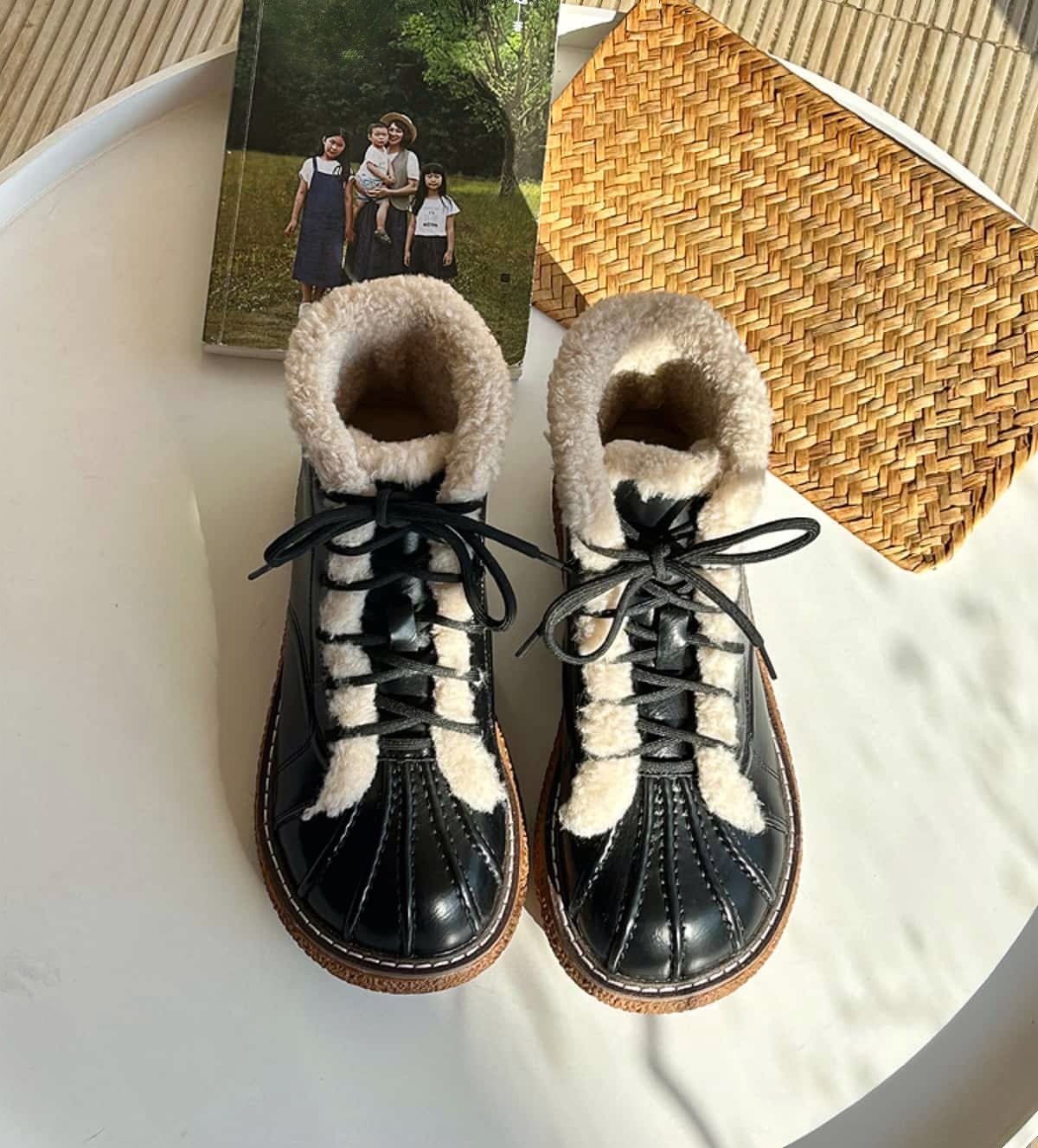 Imitation lamb wool round head thickness big head shoes winter lace-up warm small leather shoes short boots