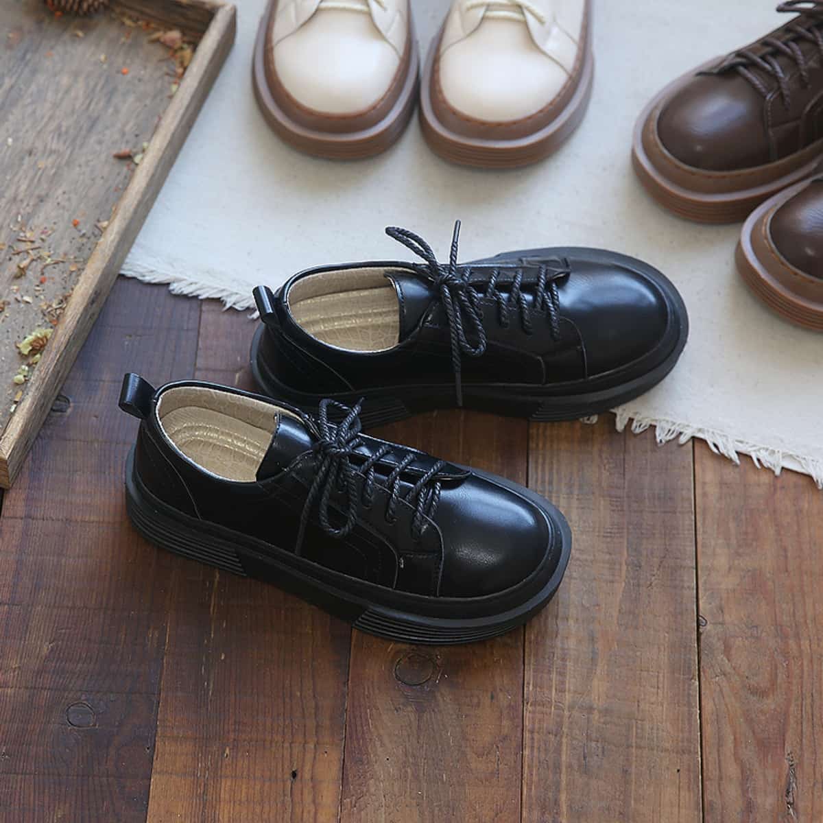 Glossy round head lace-up platform big head shoes black medium heel small leather shoes women