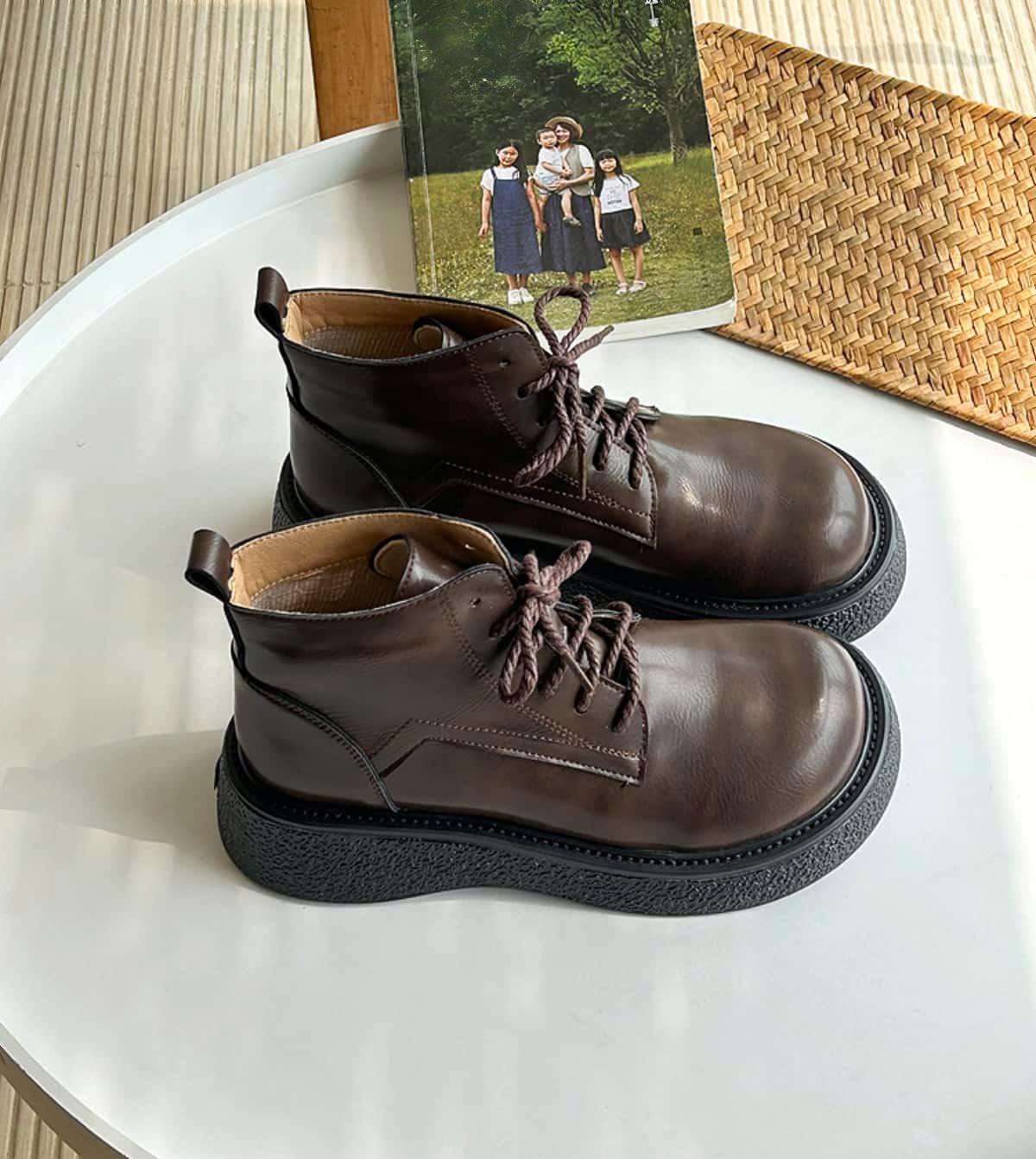 Round head lace-up platform big head shoes fashionable black handsome medium heel Martin boots women