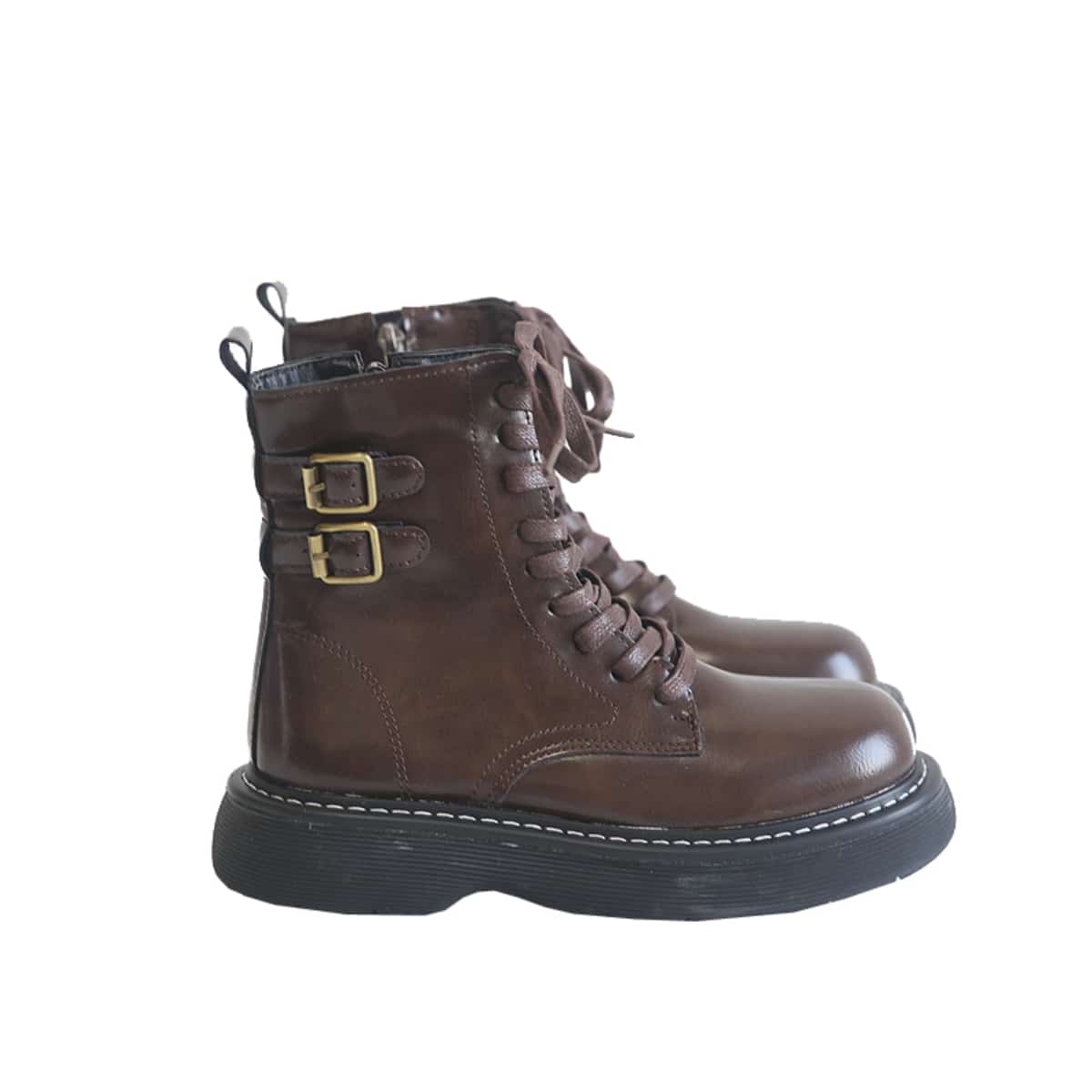 Round head lace-up thick-soled locomotive Martin boots women's autumn and winter velvet belt buckle black medium boots