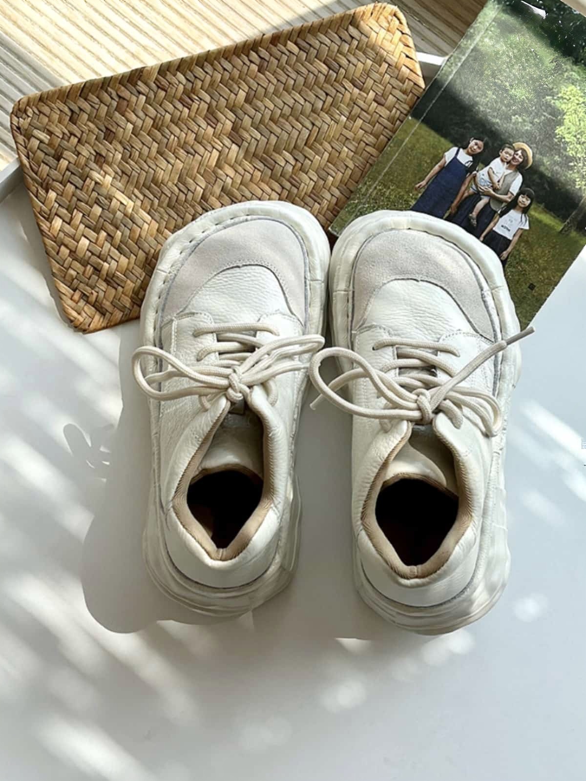 Leather round head lace-up platform big head shoes high top shoes short boots women