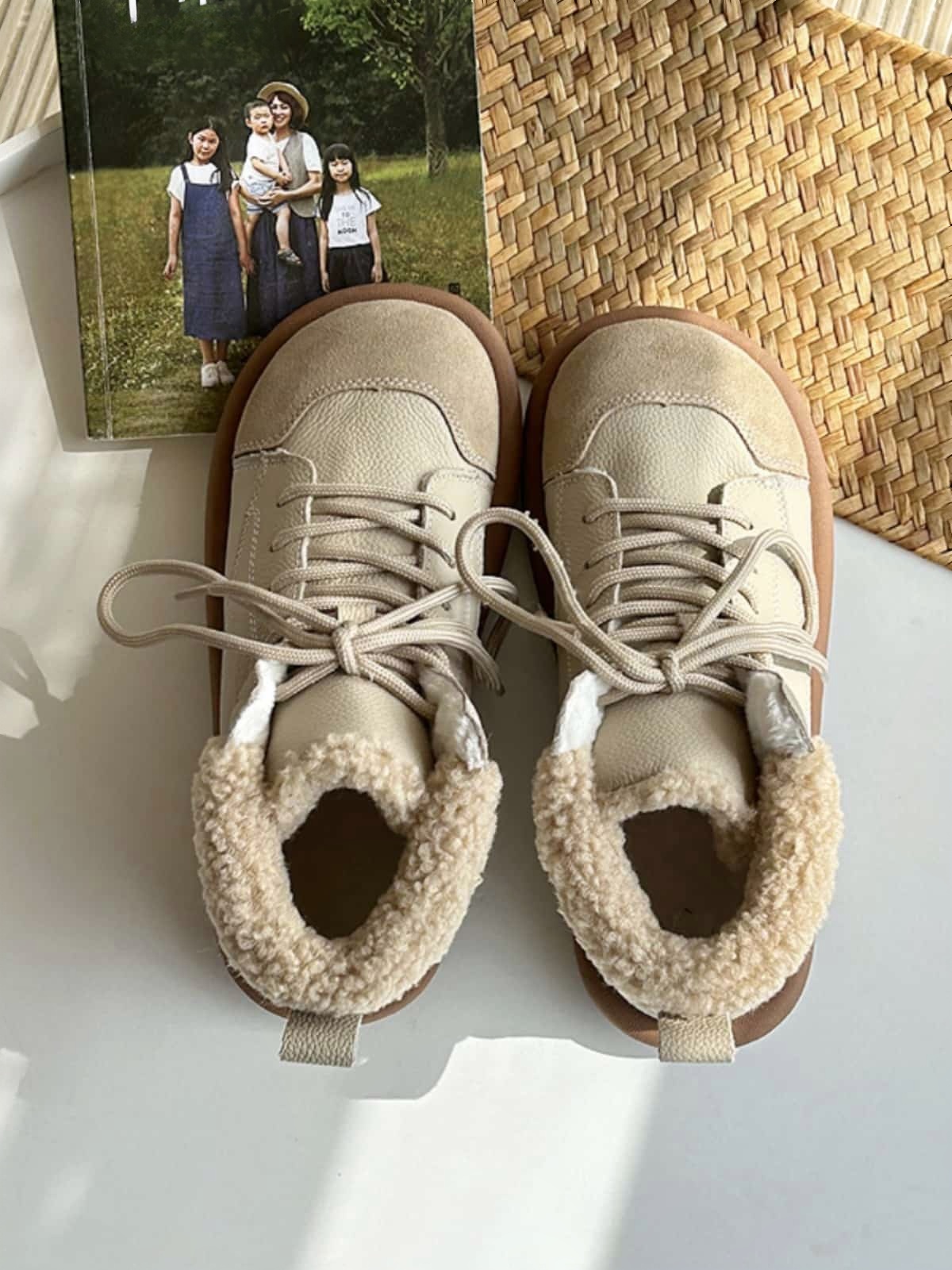 Leather Round Head Strap-Up Flat Bottom Martin Boots Winter Imitation Lamb Fleece Comfortable Warm Boots