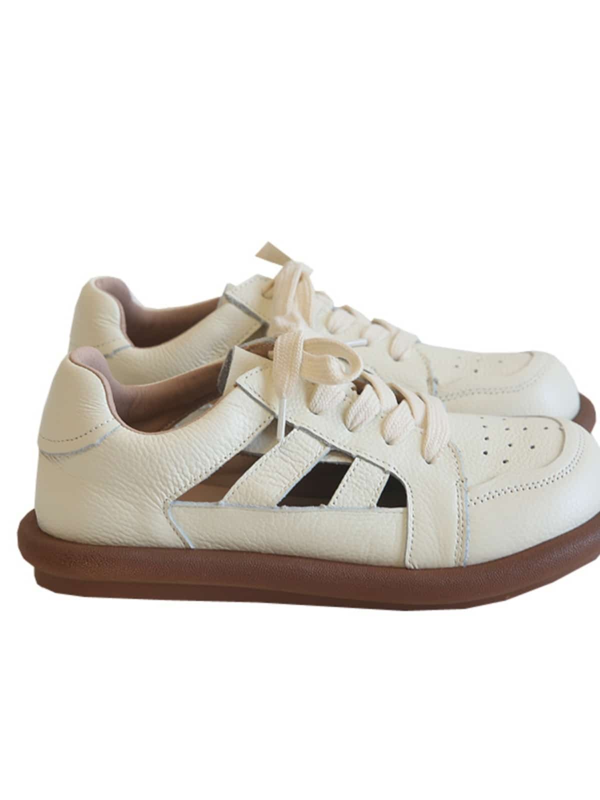 Hollow leather round head lace-up flat shoes breathable soft-soled shoes little white shoes summer